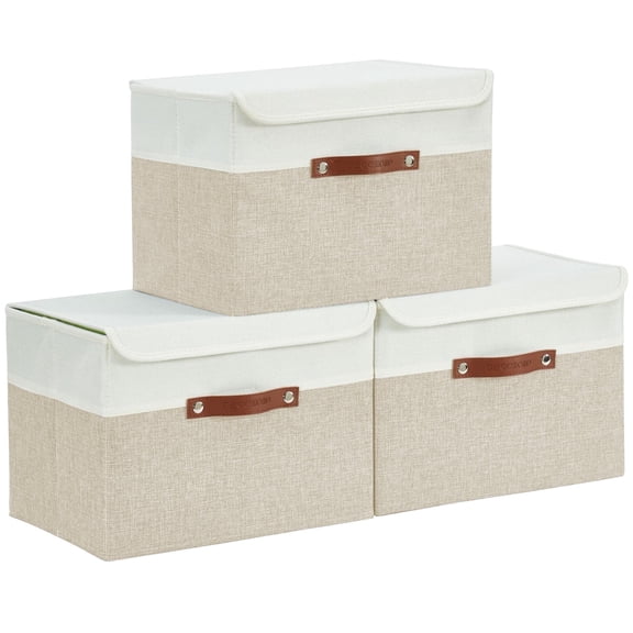 DECOMOMO Large Fabric Storage Bins with Lid, Storage Baskets for Shelves, Decorative Box (Beige and White, 3 Pack)
