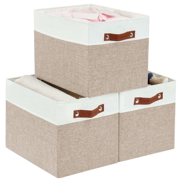 DECOMOMO Fabric Storage Baskets 13" x 15" x 13" Collapsible Storage Bins (Beige and White, Set of 3)