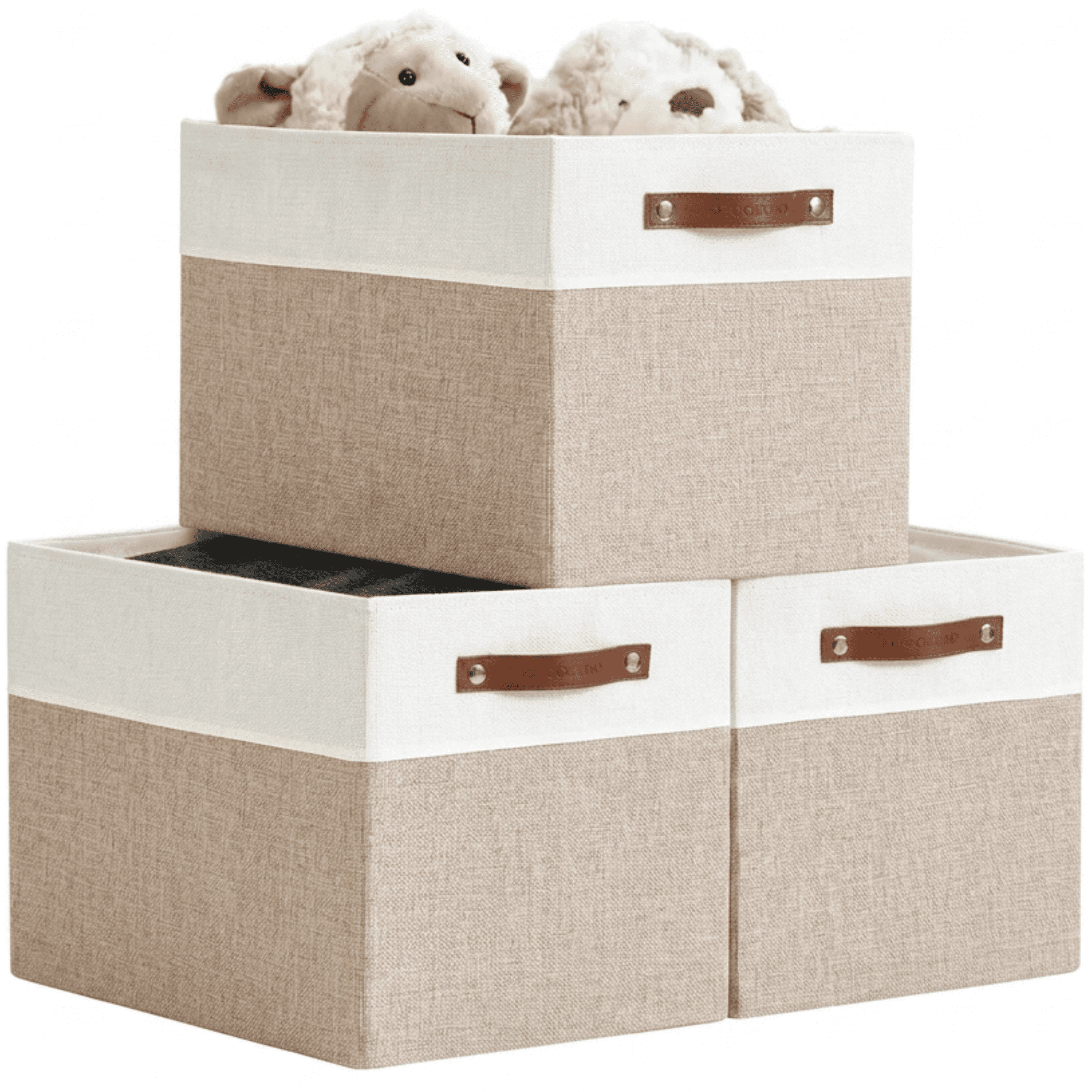 DECOMOMO Fabric Storage Baskets 13" x 15" x 13" Collapsible Storage Bins (Beige and White, Set of 3)