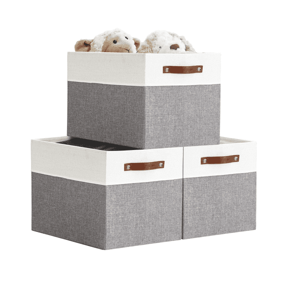 DECOMOMO Fabric Storage Baskets 13" x 15" x 13" Collapsible Storage Bins (Grey and White, Set of 3)