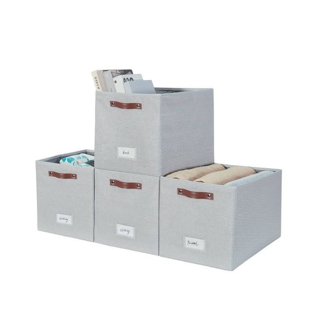 Fabric Foldable Storage Bins 13x15x13, Set of 4, Light Grey, Cube Folding Baskets