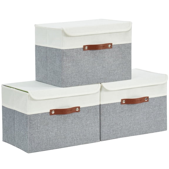 DECOMOMO Fabric Storage Bins with Lid, Storage Baskets for Shelves, Decorative Box (Grey and White, Set of 3)