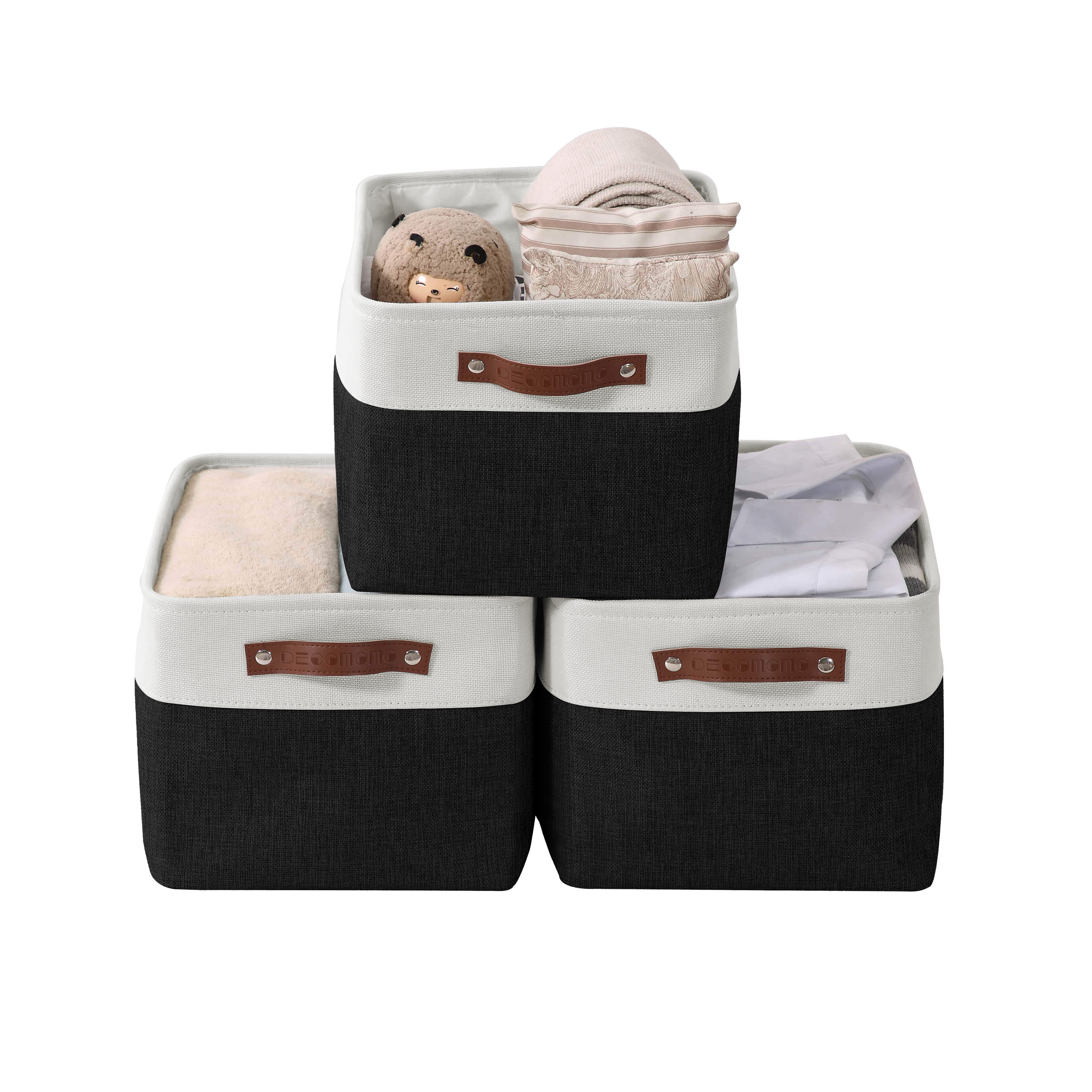 Large Black and White Fabric Storage Bins with Handles, Set of 3