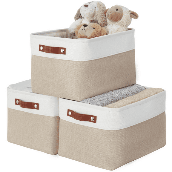 DECOMOMO Durable Modern Large Storage Baskets, Fabric Storage Bins with Faux Leather Handles (Beige and White, Set of 3)