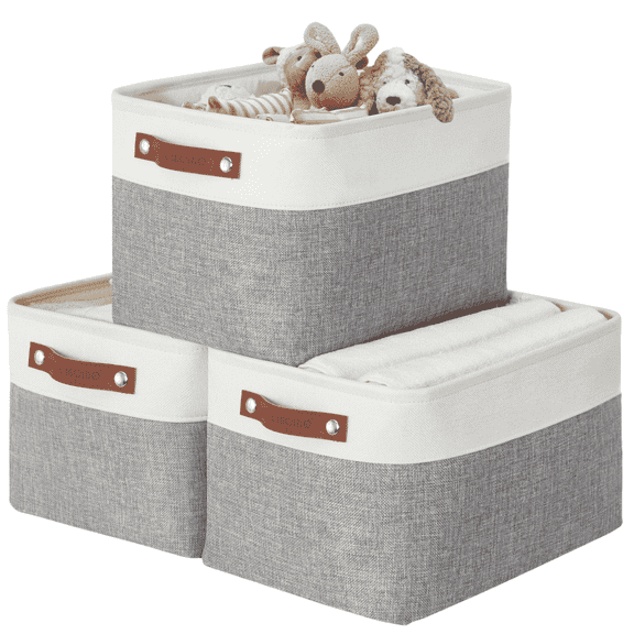 DECOMOMO Large Decorative Durable Fabric Storage Baskets and Bins, Grey and White, Set of 3