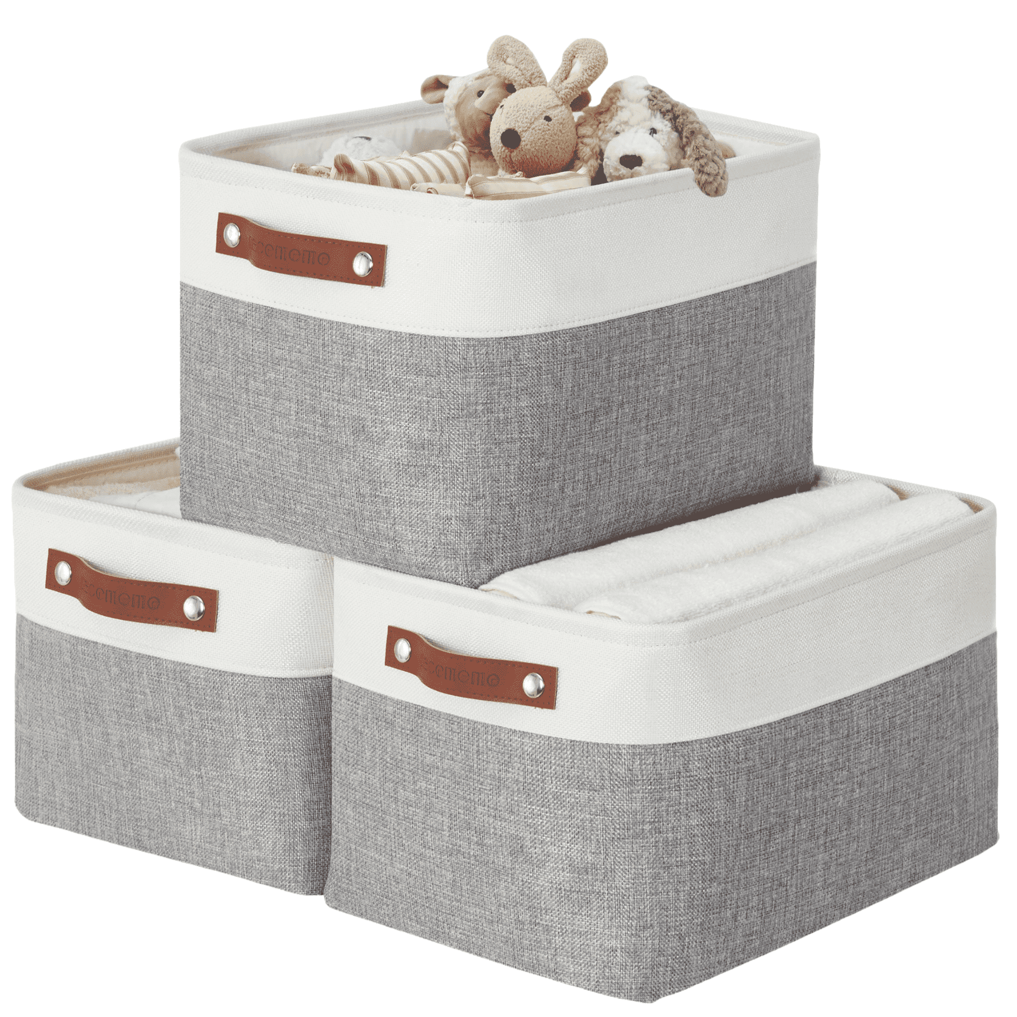 DECOMOMO Large Decorative Durable Fabric Storage Baskets and Bins, Grey and White, Set of 3