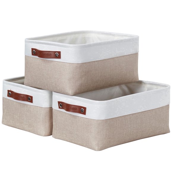 DECOMOMO Medium Decorative Durable Fabric Storage Baskets and Bins, Beige and White, Set of 3