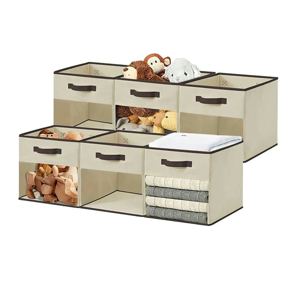 DECOMOMO 11 Inch Cube Storage Bins with Clear Window, Fabric Storage Cubes, Set of 6, Beige
