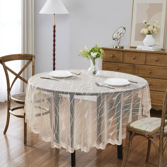 DECOPOTS Linen Round 90 inches Diameter Lace Tablecloth | Round Tablecloth with Modern Stripes Design | Dining Table Cover for 6-8 Guests (Linen, Round 90")