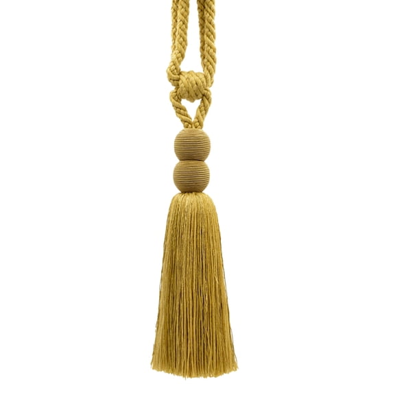 DECOPRO Contemporary, Modern Curtain & Drapery Tassel Tieback - Double Ball Design, Tassel Length 9 1/2" (24cm), Spread 30" (76cm) # TBV9, Mustard Gold #VNT4 (Dark Beige Gold) Sold Individually