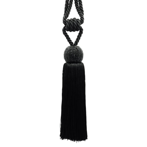 DECOPRO Decorative Beaded Curtain Tassel Tieback Elaborately Handcrafted with a Glass Seed Bead Design, Tassel Length 8" (20cm), Spread 26" (66cm) # TBBD8, Pure Black #K9 (Jet Black) Sold Individually
