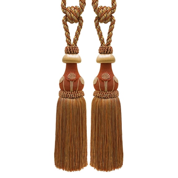 DECOPRO Exquisite Curtain Tassel Tieback with Floral Design - Elegant Handmade Drapery Accessory, Tassel Length 12" (30.5cm) Spread 32" (81cm) #TBBL1, Cinnamon Toast Orange #6122 (Rust, Gold) Set of 2