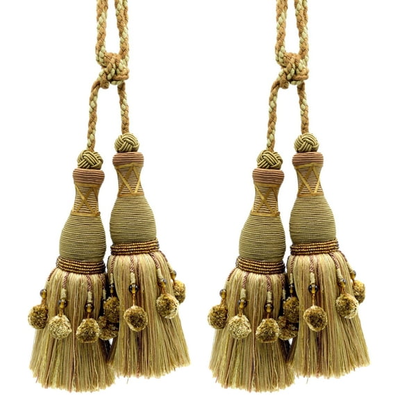 DECOPRO Marrakesh Collection Tassel Curtain and Drapery with Beaded Poms Tassel Tieback, Tassel Length 10" (25cm) Spread 34" (86cm) #TBRW102, Gilded Gold #VL04 (Gold, Light Brown, Light Gold) Set of 2