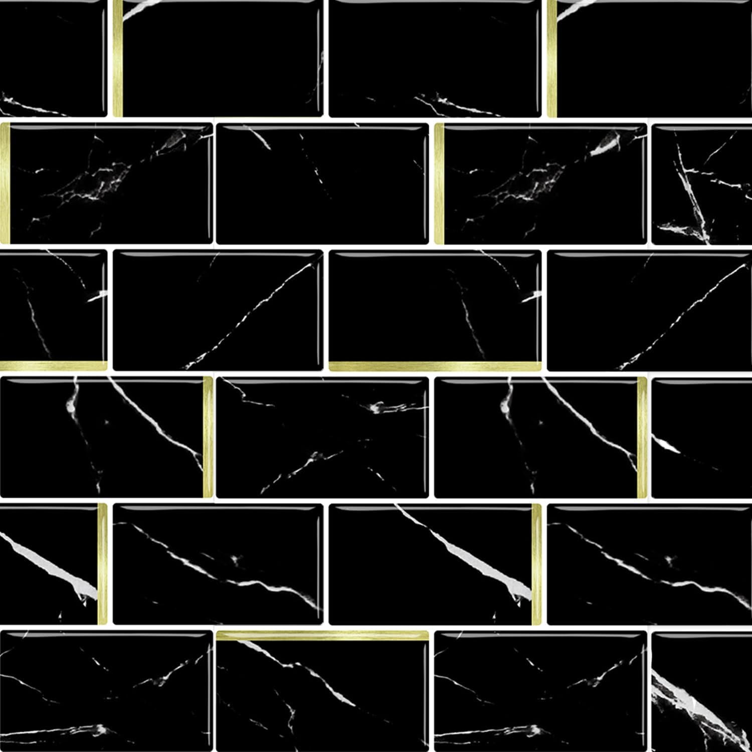 Dcor WOW 41006  Peel & Stick Backsplash, (8) 12x12-inch Sheet Covers 8 Sq Ft, Black Marble Subway Back Splash Tile Gold Accent