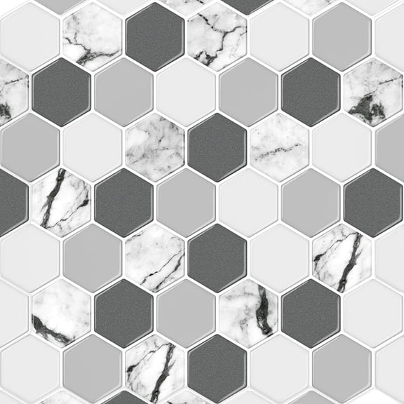 Dcor WOW 41008 Peel & Stick Backsplash, (8) 12x12-inch Sheet Covers 8 Sq Ft, White Grey Marble Hex Back Splash Tile
