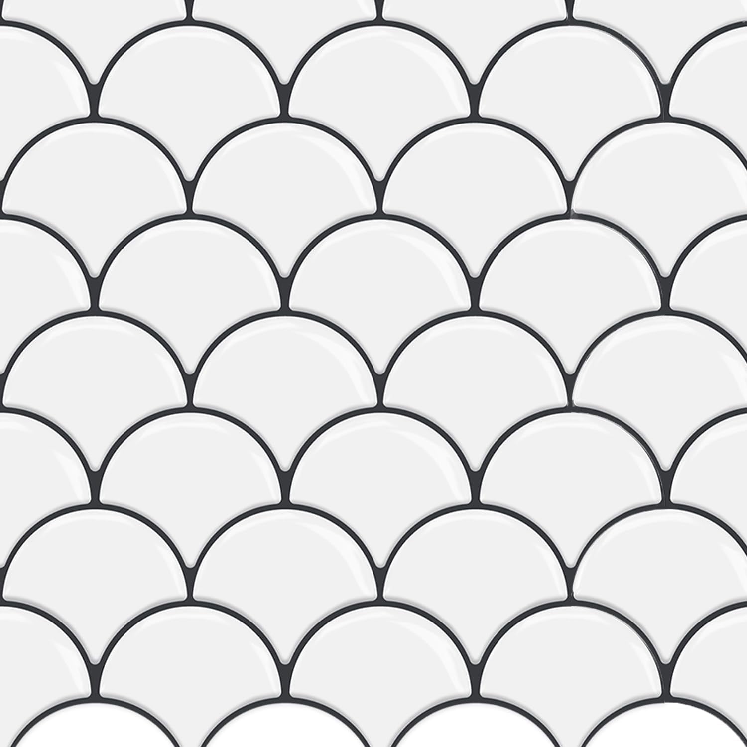Dcor WOW 41001  Peel & Stick Backsplash, (8) 12x12-inch Sheet Covers 8 Sq Ft, White Scallop Back Splash Tile Grey Grout