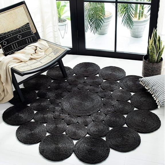 DECORAM WORLD Handmade Braided Black Tikki Design Round Area Rug 6 x 6 Feet Round (183 cm x 183 cm), For Living Room, Bedroom, Dining Room, Hallways & Entryways