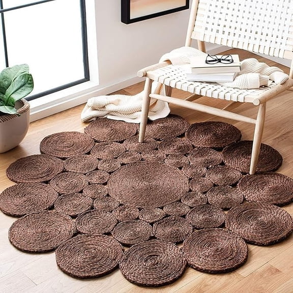 DECORAM WORLD Handmade Braided Brown Tikki Design Round Area Rug 6 x 6 Feet Round (183 cm x 183 cm), For Living Room, Bedroom, Dining Room, Hallways & Entryways