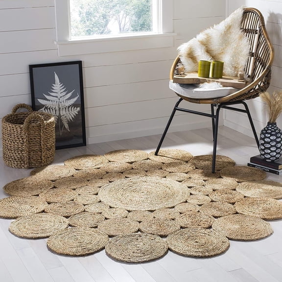 DECORAM WORLD Handmade Braided Natural Jute Tikki Design Round Area Rug 6 x 6 Feet Round (183 cm x 183 cm), For Living Room, Bedroom, Dining Room, Hallways & Entryways