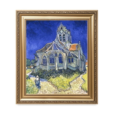 DECORARTS - The Church at Auvers - Vincent Van Gogh. Giclee Print on Canvas with matching Golden-relief Framed Wall Art. Total with Framed size: 30x26