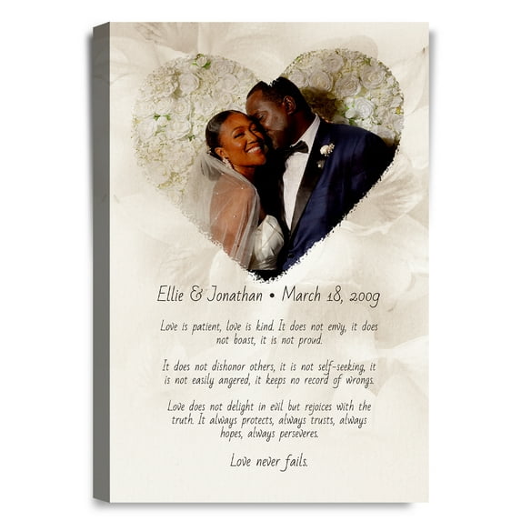 DECORARTS - Love Never Fails Romantic Photo Print. Stretched Canvas Art. Custom Giclee Print Includes Special Message and Name. Customized Gifts for Father. W 20" x H 30" Ready to Hang.