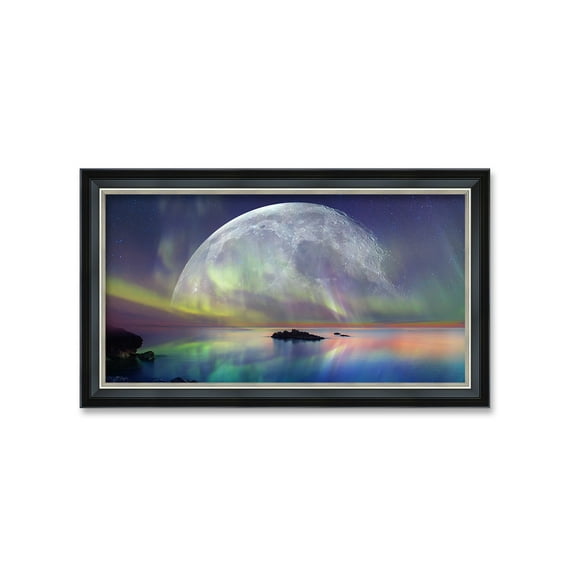 DECORARTS - Northern Lights Over Full Moon. Giclee Print on Acid Free Cotton Canvas Matching with Solid Wood Black Silver Frame. Total Size: W 33.25" x H 19.25"