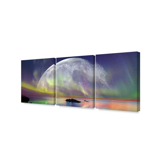 DECORARTS - Northern Lights Over Full Moon(Triptych). Giclee Print Canvas Wall Art for Home Decor, 3 Panels, Ready to Hang. Total Size 48x20"