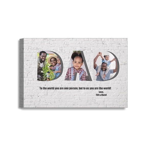 DECORARTS - Personalized DAD 3 Photo Collage. Stretched Canvas Art. Custom Giclee Print Includes Special Message and Name. Customized Gifts for Father. W 18" x H 12" Ready to Hang.