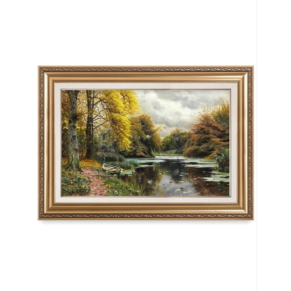 DECORARTS - River Landscape 1903 by Peder Mork Monsted. World Famous Painting Reproduction. Giclee Prints in Classic Golden Frame Ready to Hang, Total Framed size: W 42" x H 30"