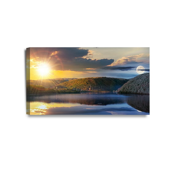 DECORARTS - Sun and Moon over Lake. Lake Landscape, Giclee Canvas Prints for Wall Decor. Ready to Hang. 32x18"