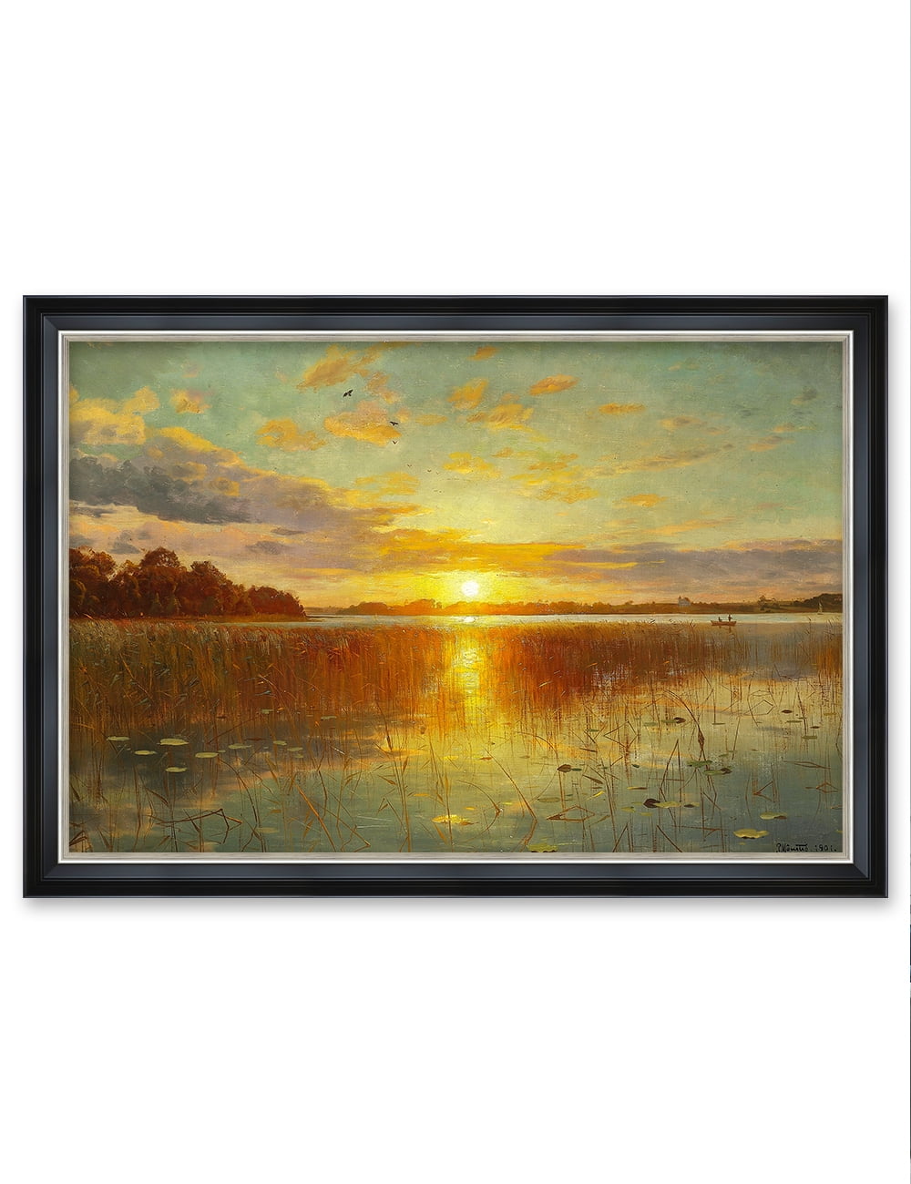 Sunset Over Danish Fjord Gold Framed Canvas Art 36x22