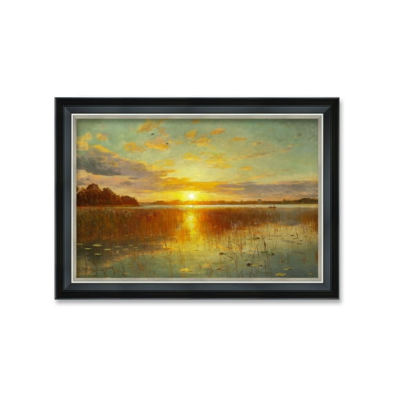 DECORARTS - Sunset Over a Danish Fjord by Peder Mork Monsted, Giclee Print on Acid Free Cotton Canvas Matching with Solid Wood Frame for Home Decor. Total Size w/ Frame: W 27.25 x H 19.25"