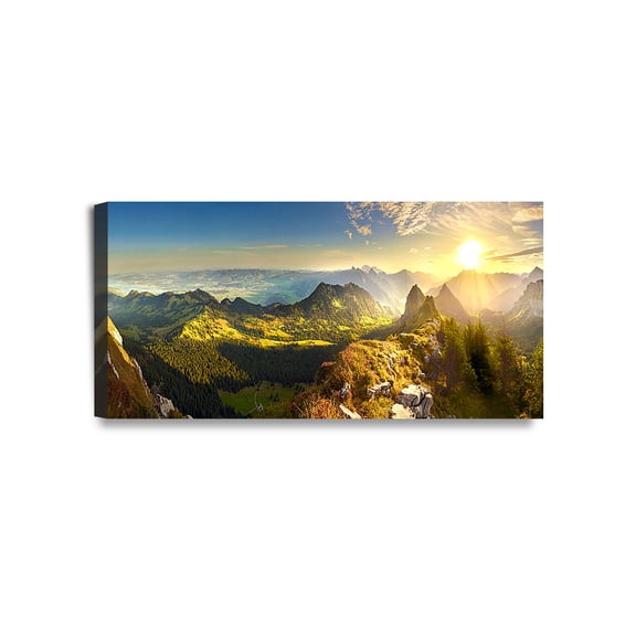 DECORARTS - Swiss Alps. Sunrise Over Mountain, Landscape Mountain, Giclee Print Canvas Wall Art for Home Decor. Ready to Hang. 24x12"