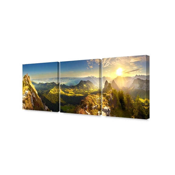 DECORARTS - Swiss Alps(Triptych). Sunrise Over Mountain, Landscape Mountain, Giclee Print Canvas Wall Art for Home Decor, 3 Panels, Ready to Hang. Total Size 48x20"
