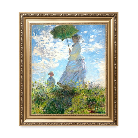 DECORARTS - The Walk, Woman with a Parasol (1875) by Claude Monet. Classic Art Reproduction, Giclee Print on Canvas. Ready to Hang Framed Wall Art for Wall Decor. Total Size w/ Frame: 30x26"