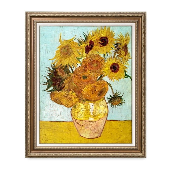 DECORARTS - Twelve Sunflowers, Vincent Van Gogh Art Reproduction. Acid Free Cotton Canvas Giclee Print w/ Bronze Frame&Mat for Wall Decor. Framed Size: 35x29 in