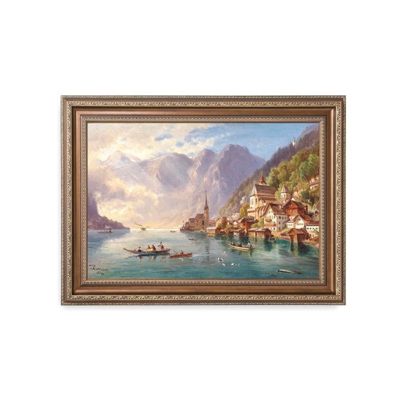 DECORARTS - View of Hallstatt by Johann Varrone. Giclee Prints on Acid Free Cotton Canvas. Classic Art Reproduction in Fine Art Frame. Total Size w/ Frame: 28.5x20.5 in