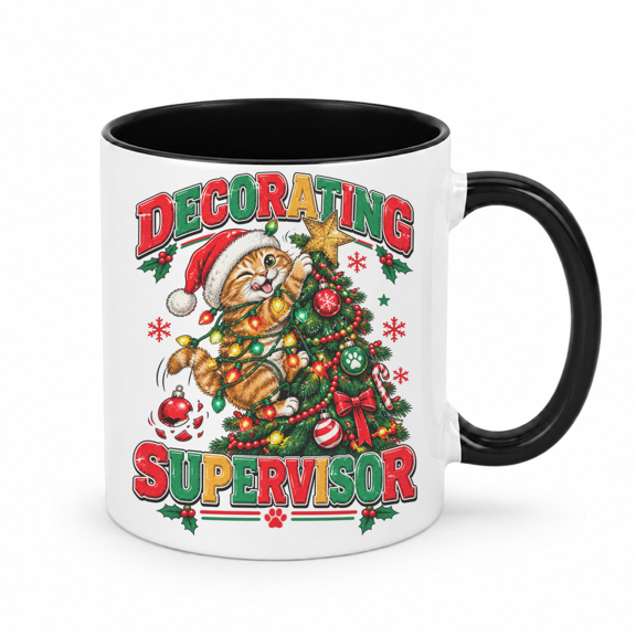 DECORATING SUPERVISOR Mug Festive Cat Ceramic Mug Funny Holiday 11oz Coffee Cup Drinkware for Christmas Gifts and Cat Owners