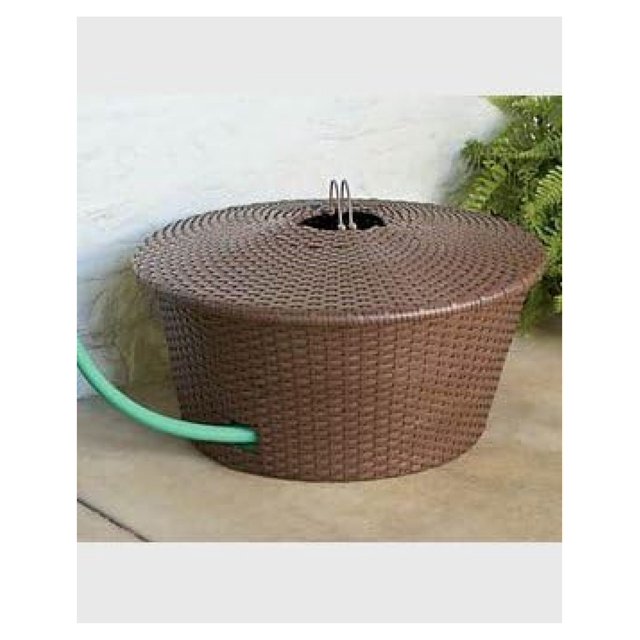 DECORATIVE RESIN WICKER GARDEN HOSE BASKET ON STEEL FRAME WITH LID (100
