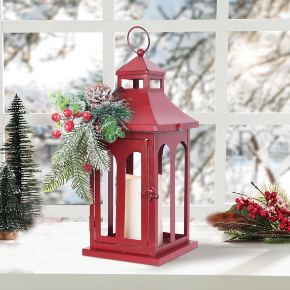 DECORKEY Christmas Decorations for Home, Decorative Christmas Lantern Outdoor Decor, Metal Hanging Candle Holder with Xmas Teardrop Wreath and LED Candle for Table Centerpieces, Patio (Red) C108