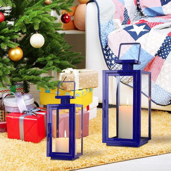 DECORKEY Christmas Lanterns Decorative Outdoor&Indoor, 17''&13'' Set of Xmas Blue Lanterns Decorations for Home, Modern Hanging/Tabletop Candle Holders for Christmas Front Door Porch Patio Decor C111