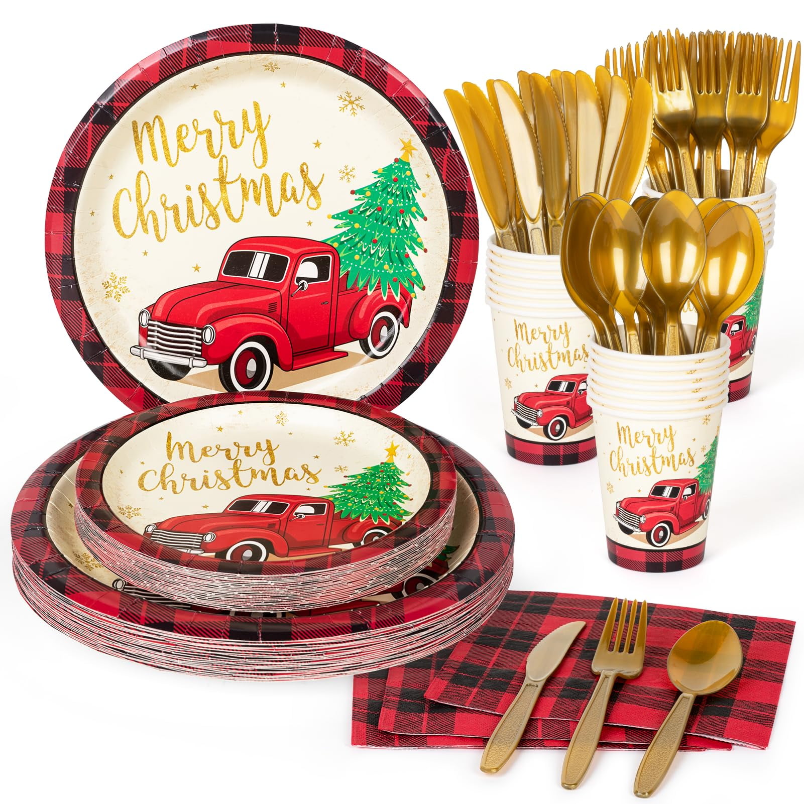 Festive Red and Gold Christmas Dinnerware Set with Plaid Napkins