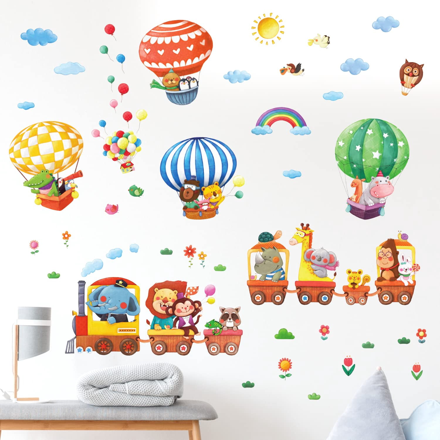 DECOWALL DS-8006P8024 Animal Train and Hot Air Balloons Kids Wall ...