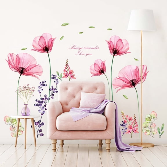DECOWALL SG2-106 X-ray Pink Flowers Wall Decals Stickers Floral Vintage Wild Living Room murals Peel and Stick Girls Bedroom Removable Nursery