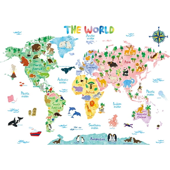 DECOWALL SG2-1615S Animal World Map Kids Wall Decals Wall Stickers Peel and Stick Removable Wall Stickers for Kids Nursery Bedroom Living Room (Large)