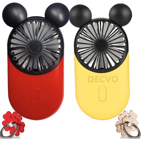 DECVO Cute Personal Mini Fan, Handheld & Portable USB Rechargeable Fan with Beautiful LED Light, 3 Adjustable Speeds, Portable Holder, for Indoor Or Outdoor Activities, Cute Mouse 2 Pack (Red+Yellow)