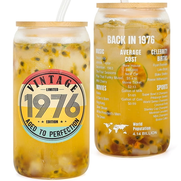 DECZHIYU 50th Birthday Gifts for Her - 1976 50th Birthday Gifts for Women Men 50 Year Old Bday Decorations Gift for Him Mom Wife Friends Turning 50 Present Glass Cup with Straw Y114