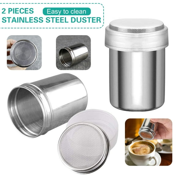 DEELLEEO 2Pcs Powder Sugar Shaker With Lid Stainless Steel Fine Mesh Shaker Cinnamon Icing Sugar Powder Cocoa Flour Chocolate Coffee Sifter Sprinkler Dredgers for Coffee Cappuccino Latte