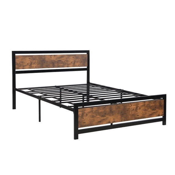 DEELLEEO Metal and Wood Bed Frame with Headboard and Footboard, Queen Platform Bed