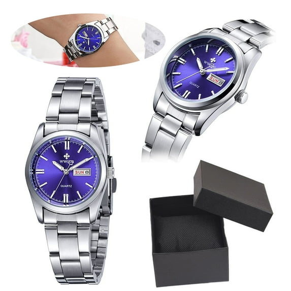 DEELLEEO Women's Watches Luminous Waterproof Calendar Ladies Stainless Steel Dress Quartz Wrist Watch (Blue)